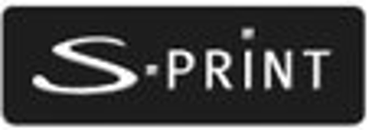 Schwarzes Rechteck mit weißem Text "S-PRINT".